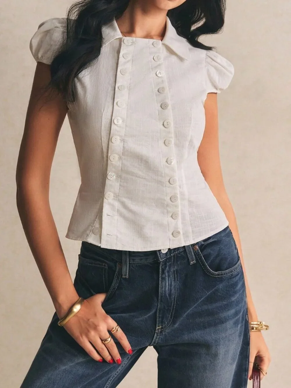 White Casual Women's Elegant Cotton Peplum Blouse